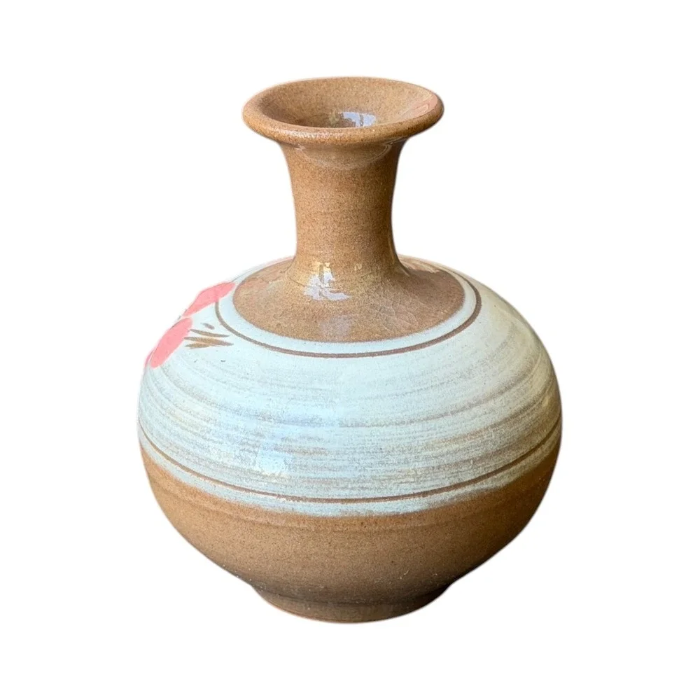 Vintage Studio Pottery Bud Vase Hand Painted Pink Floral Stoneware Earthy Boho